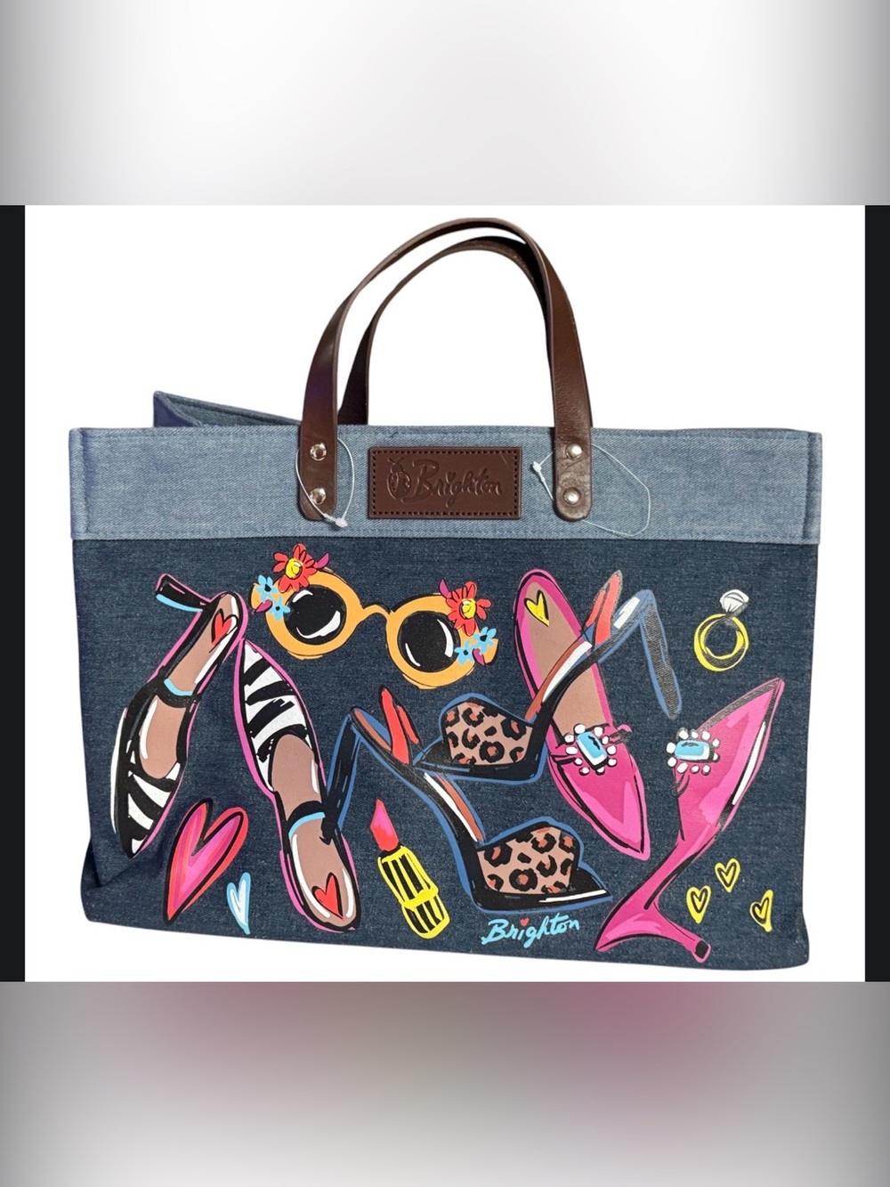 NWOT Brighton Women's Tote Handbag-Shoe Love Denim With Strap Large 12”x16”